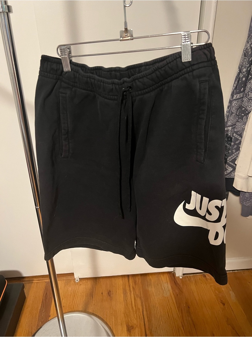 Nike Black Men's Fleece Shorts with White 'Just Do It' Logo